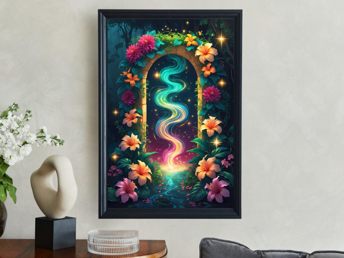 Magical Floral Archway Rainbow Light Hibiscus Night Art Print