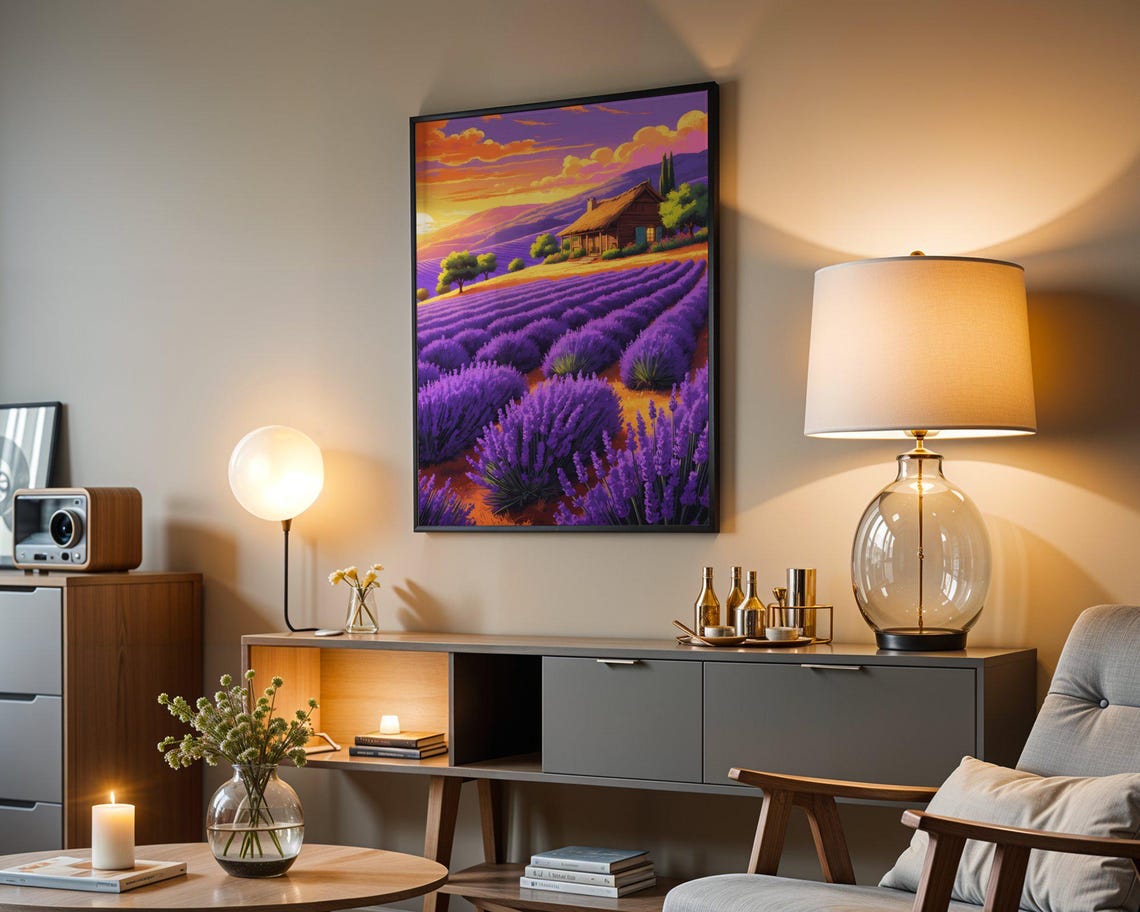 Lavender Field Sunset Rustic Cabin Golden Mountain Art Print - Image 3