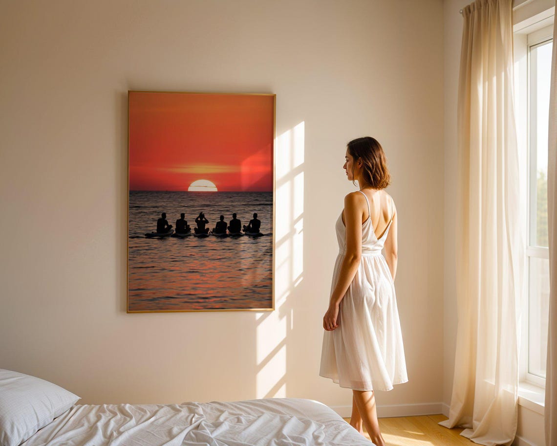 Sunset Ocean Surfing Silhouettes Group Paddle Board Photo Poster - Image 4