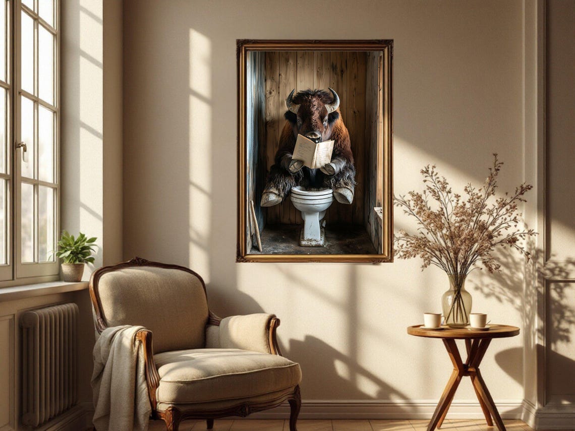 Bison Reading a Book on a Toilet in a Rustic Wooden Bathroom Poster - Image 4