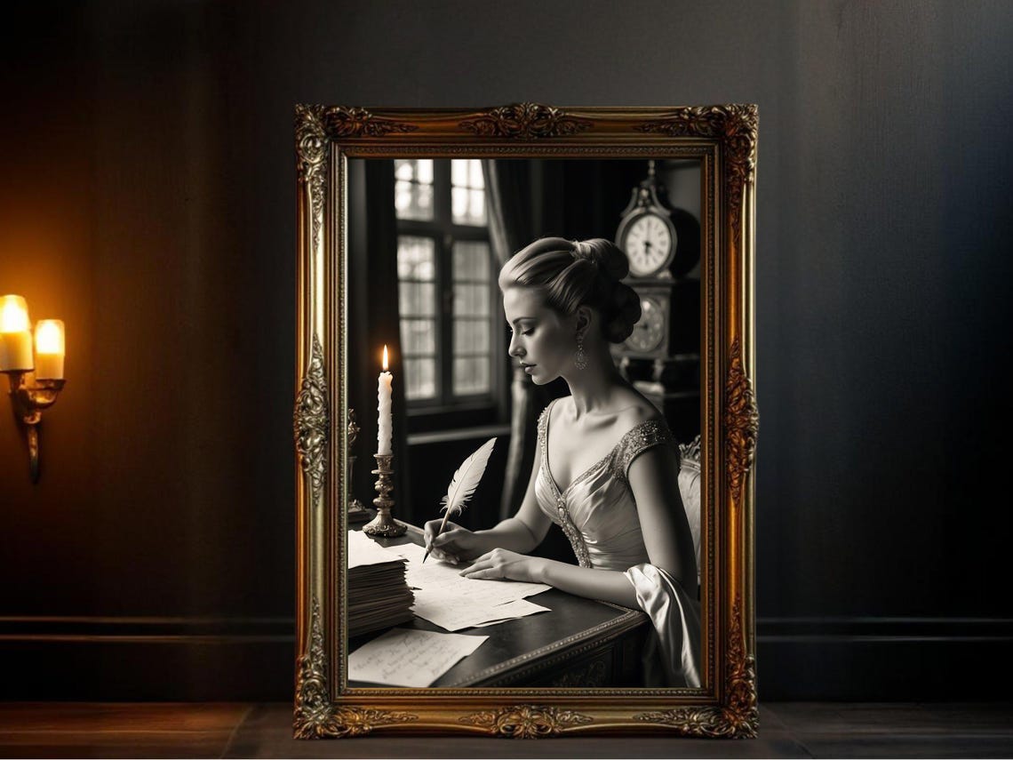 Woman Writing with Quill by Candlelight at Antique Desk Poster