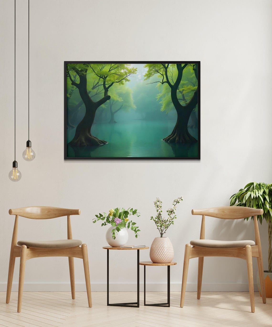Misty Emerald Forest with Trees Standing in Still Green Water Poster - Image 2