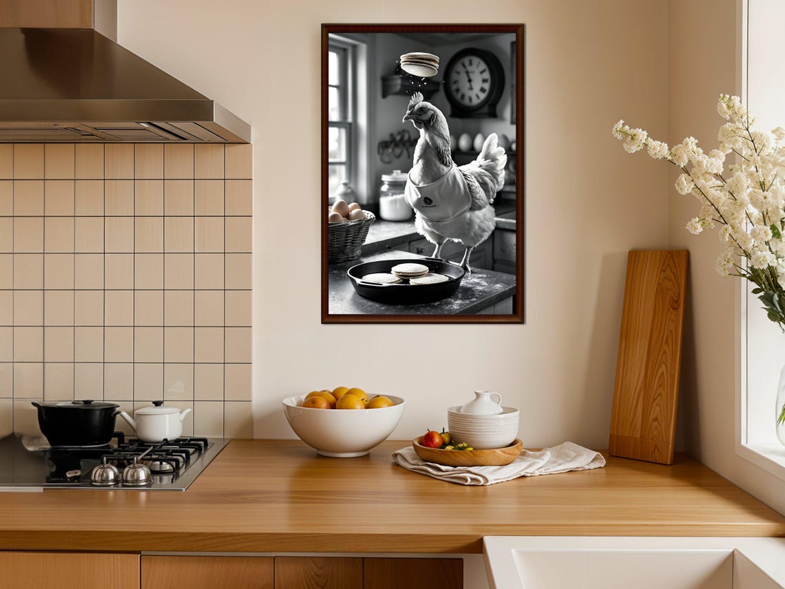 Chicken Chef Flipping Pancakes Rustic Kitchen Humor Art Poster - Image 4