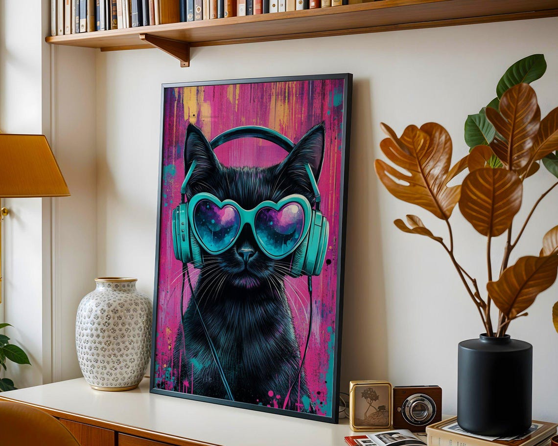 Black Cat with Headphones and Heart Sunglasses Neon Pop Art Poster - Image 5