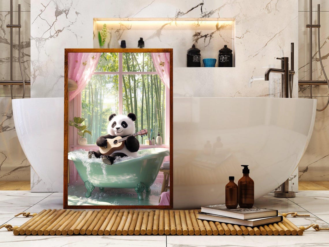 Smiling Panda Playing Ukulele in a Bubbling Green Bathtub Poster - Image 5