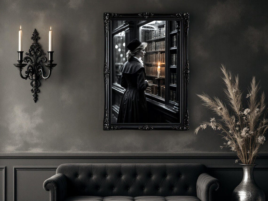 Victorian Woman Browsing In A Candlelit Bookstore At Night Poster - Image 4