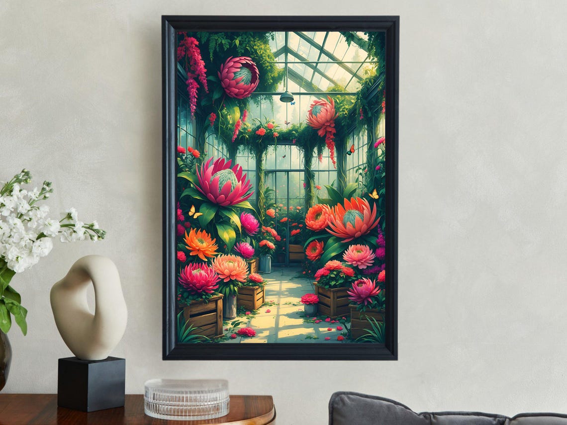 Lush Greenhouse Interior Filled With Giant Pink Protea Flowers Poster