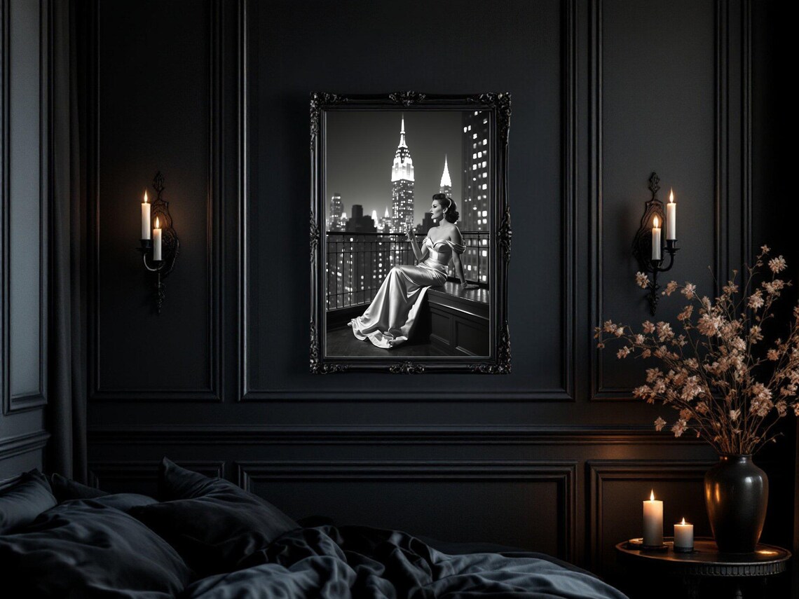 Woman in Satin Gown on New York Terrace at Night, B&W Poster - Image 3
