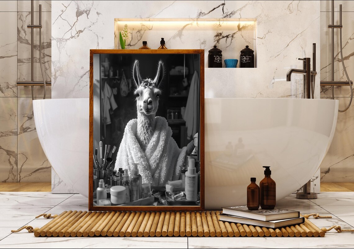 Llama In White Bathrobe Black And White Animal Bathroom Poster - Image 5