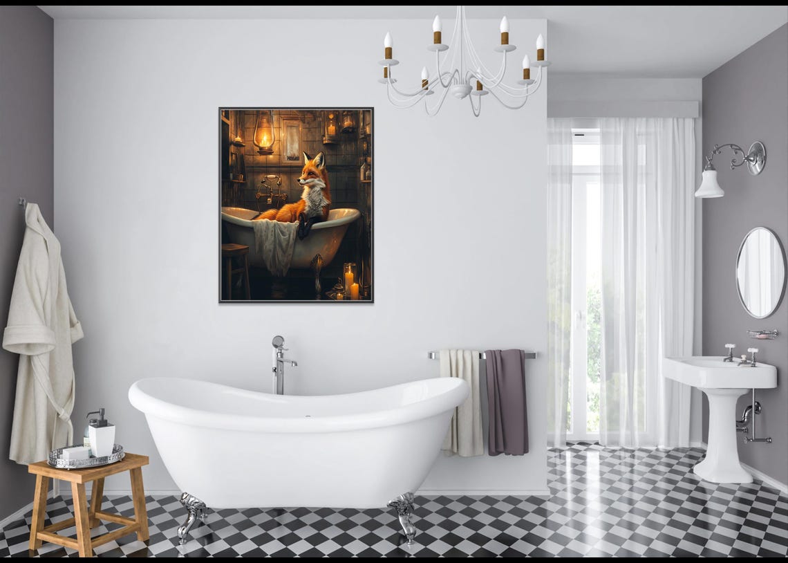 Fox Relaxing In Lantern Lit Vintage Bathtub Animal Art Poster - Image 3