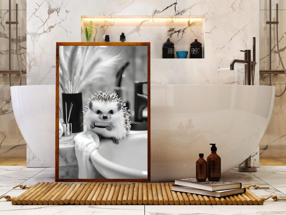 Hedgehog Holding a Toothbrush on a Bathroom Sink Black White Poster - Image 5