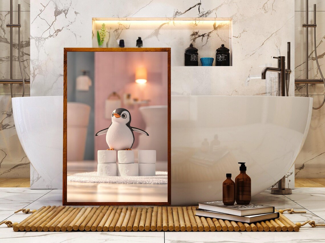 Cute Cartoon Penguin Standing on a Stack of Toilet Paper Rolls Poster - Image 5