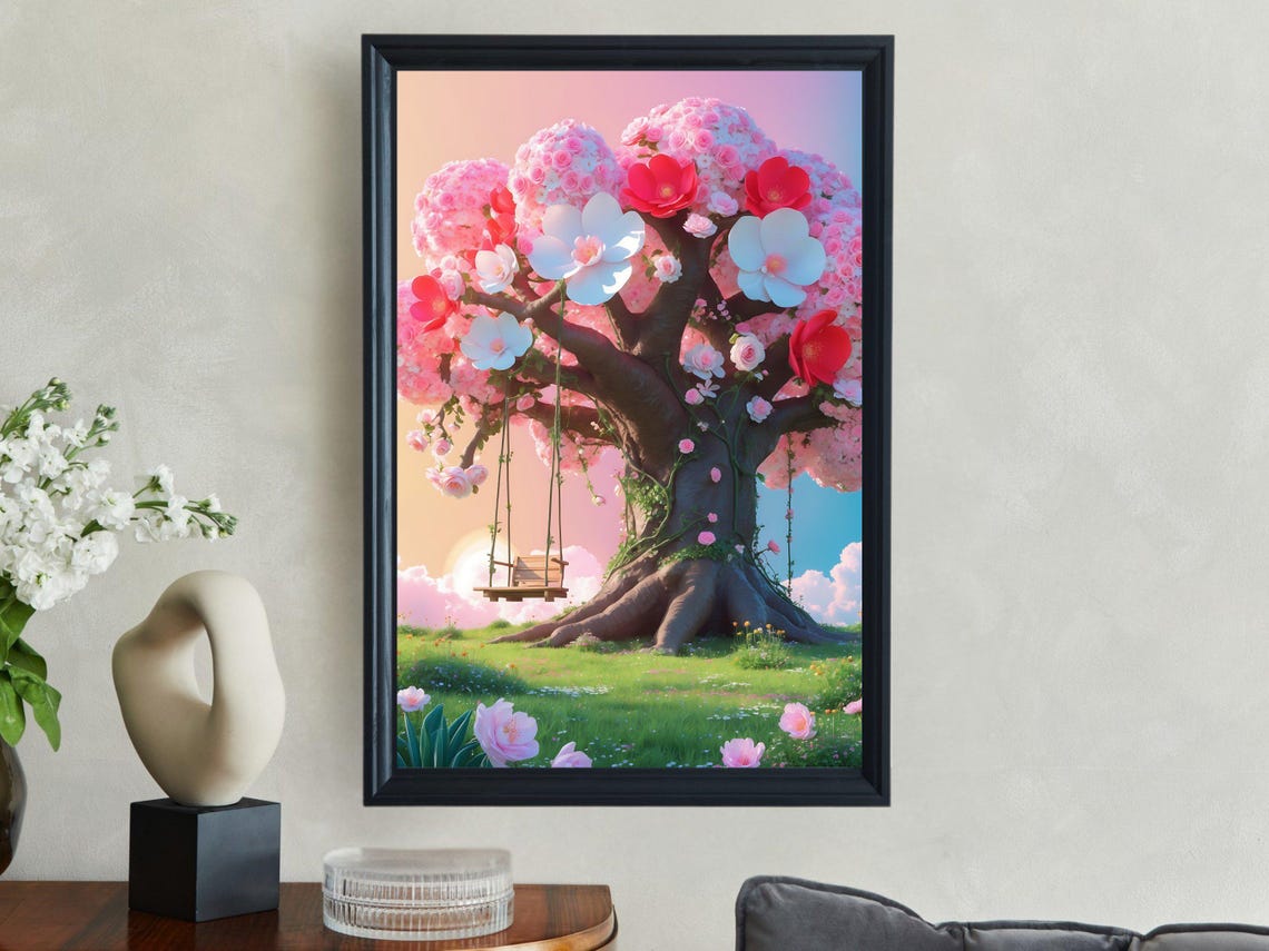 Blossoming Cherry Tree With A Wooden Swing Over A Sunny Meadow Poster