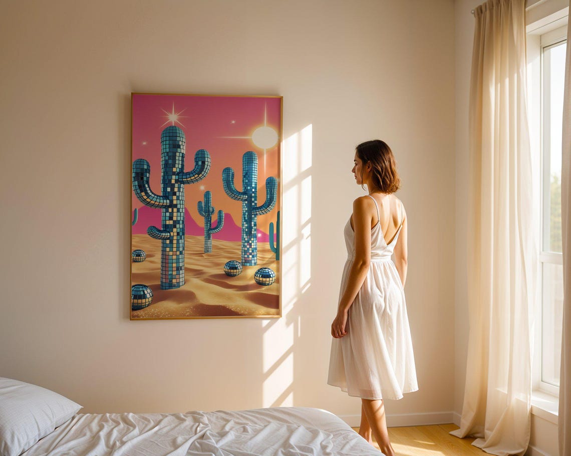 Disco Tile Saguaro Cacti Desert Sunset Sparkling Western Poster - Image 3