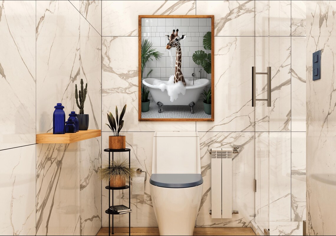 Giraffe Taking a Bubble Bath in a Clawfoot Tub Color Photography Poster - Image 4