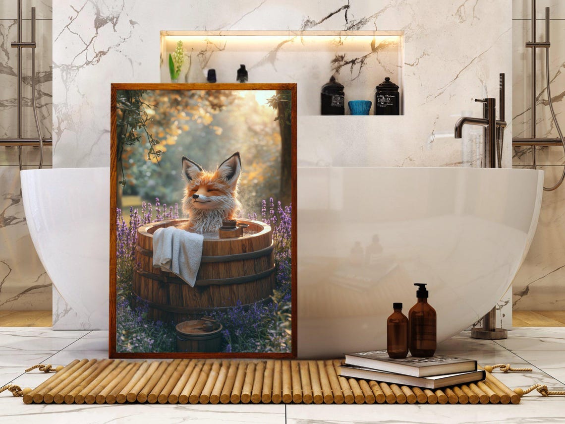 Fox Relaxing in a Wooden Barrel Tub Among Lavender Fields Poster - Image 5