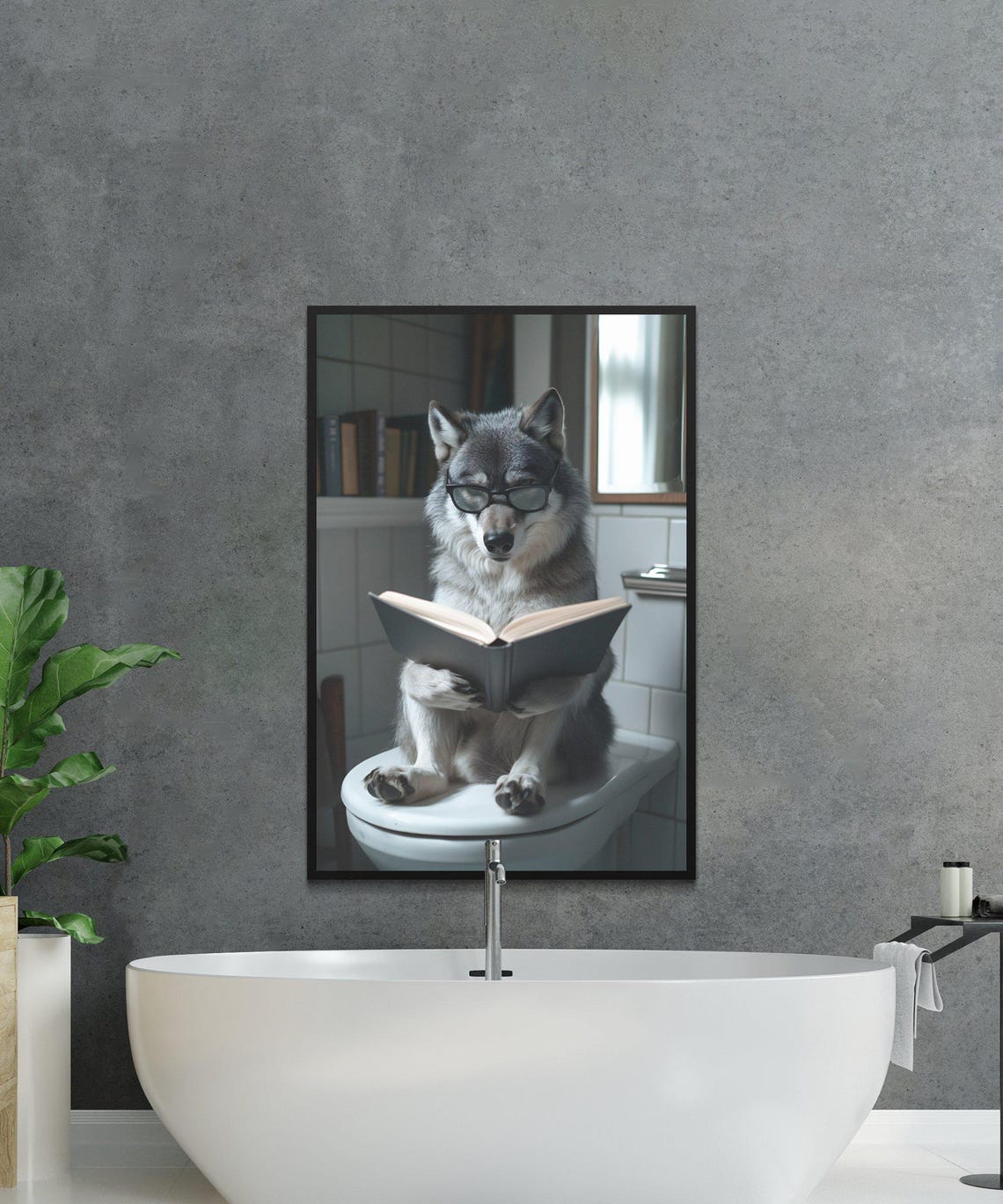 Wolf Wearing Glasses Reading a Book While Sitting on the Toilet Poster - Image 2