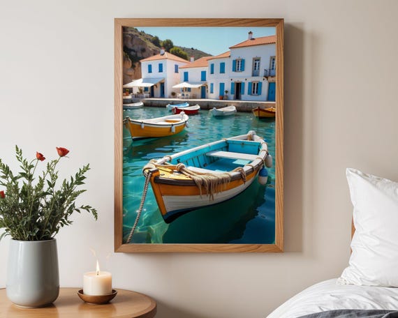 Coastal Boat Scene Wall Art Print Mediterranean Village Decor Vibrant Nautical Art For Home Seaside Boat House Picture