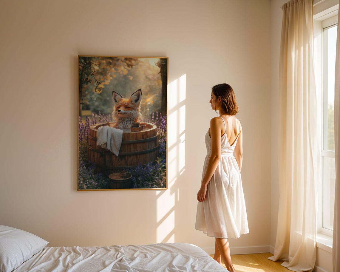 Fox Relaxing in a Wooden Barrel Tub Among Lavender Fields Poster - Image 3