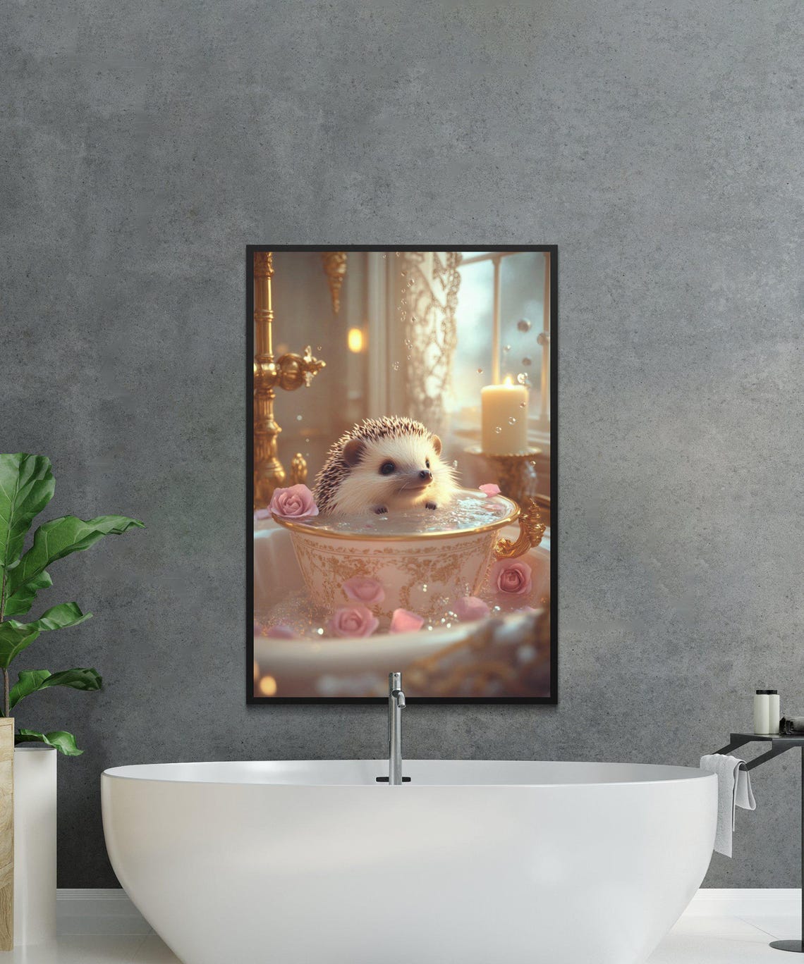Tiny Hedgehog Bathing In A Fancy Teacup With Rose Petals Poster - Image 2