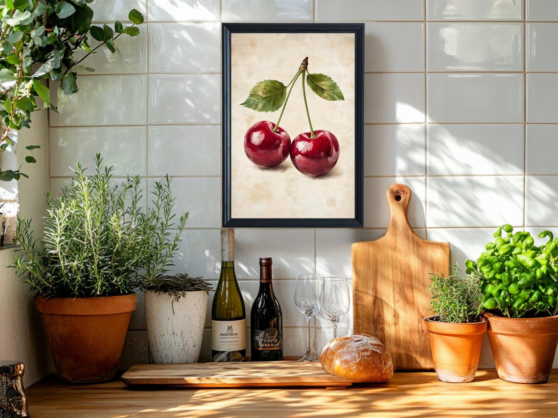 Sweet Red Cherry Watercolor Fruit Illustration Kitchen Poster - Image 2