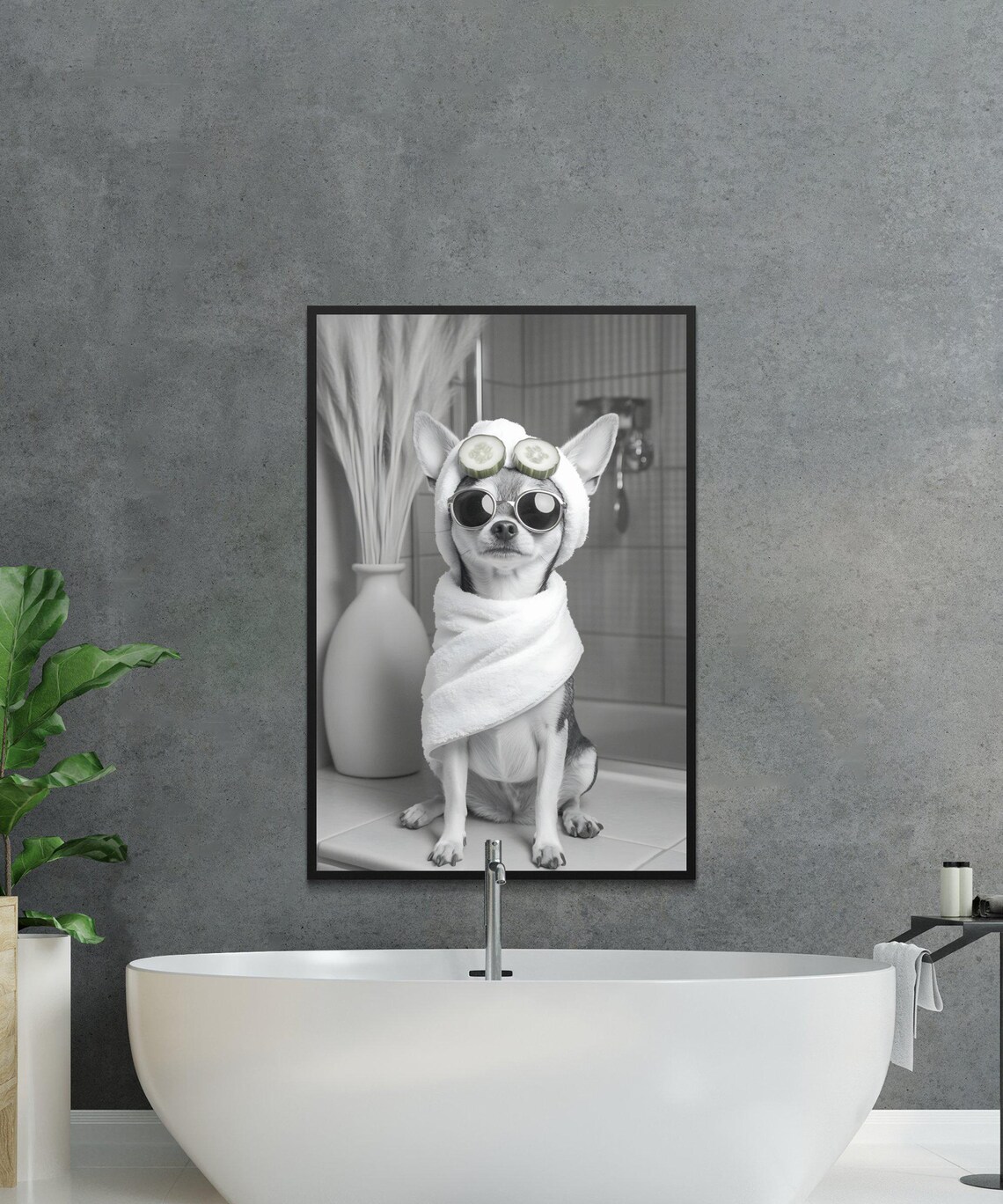 Chihuahua in a Towel Wearing Sunglasses With Cucumber Slices Poster - Image 2
