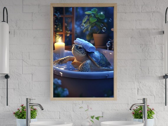 Sea Turtle Relaxing In Bathtub With Towel On Head Animal Poster