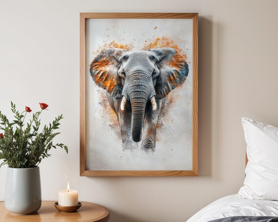 Majestic Elephant Watercolor Portrait With Warm Orange Splash Poster