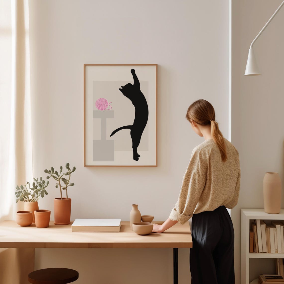 Black Cat Stretching Tall for Pink Yarn Ball Minimalist Poster - Image 2