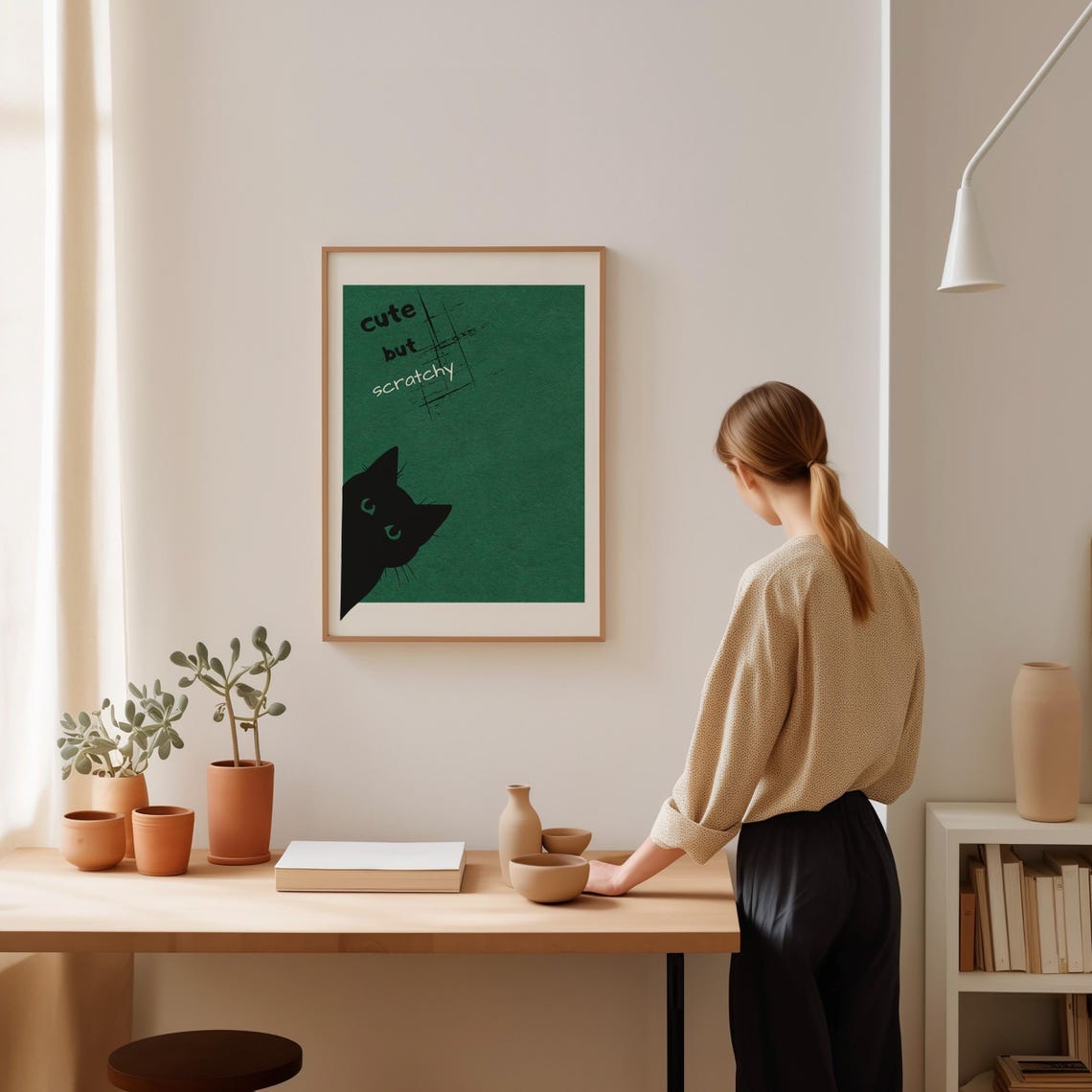Cute but Scratchy Black Cat Face on Deep Green Scratch Poster - Image 2
