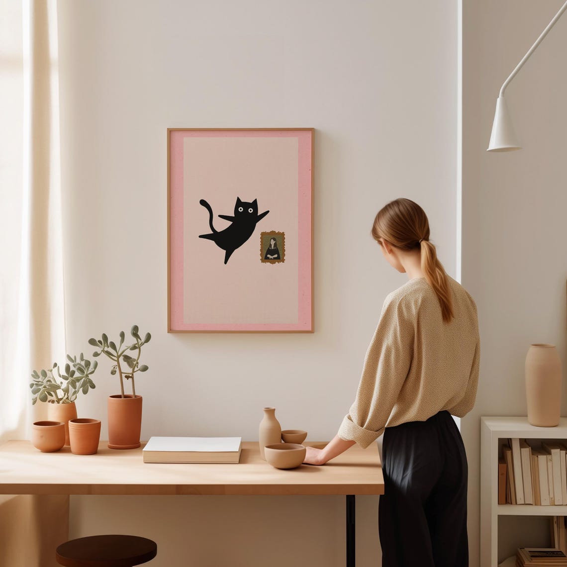 Black Cat Jumping Toward Mona Lisa Funny Pink Minimalist Poster - Image 2