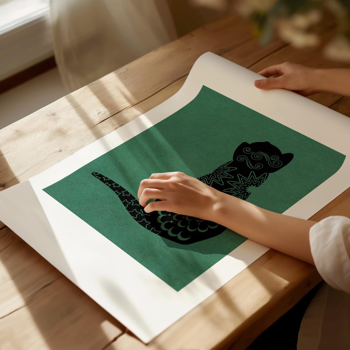 Decorative Black Cat Silhouette on Sage Green Pattern Poster - Image 4