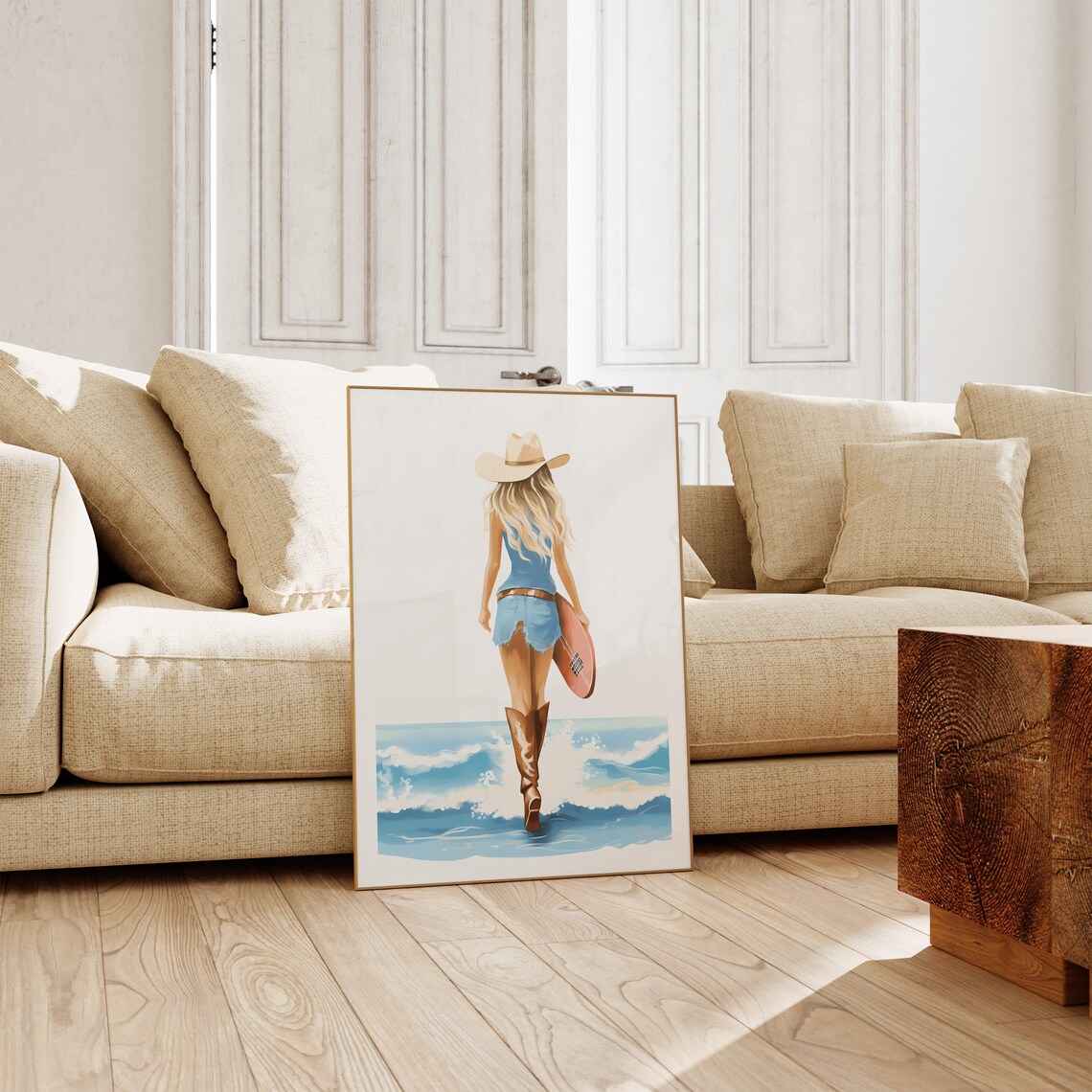 Cowgirl Surfer Girl With Surfboard Walking Into Ocean Waves Poster - Image 5