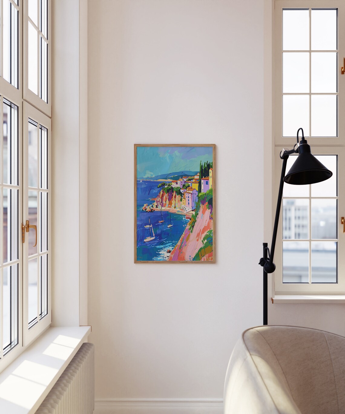 Mediterranean Coastal Cliff Village Sailboats Oil Painting Poster - Image 4