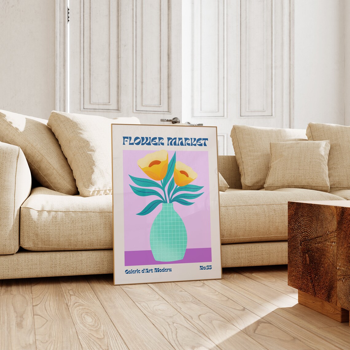 Flower Market No 33 Yellow Blooms Mint Vase Purple Retro Poster - Image 3