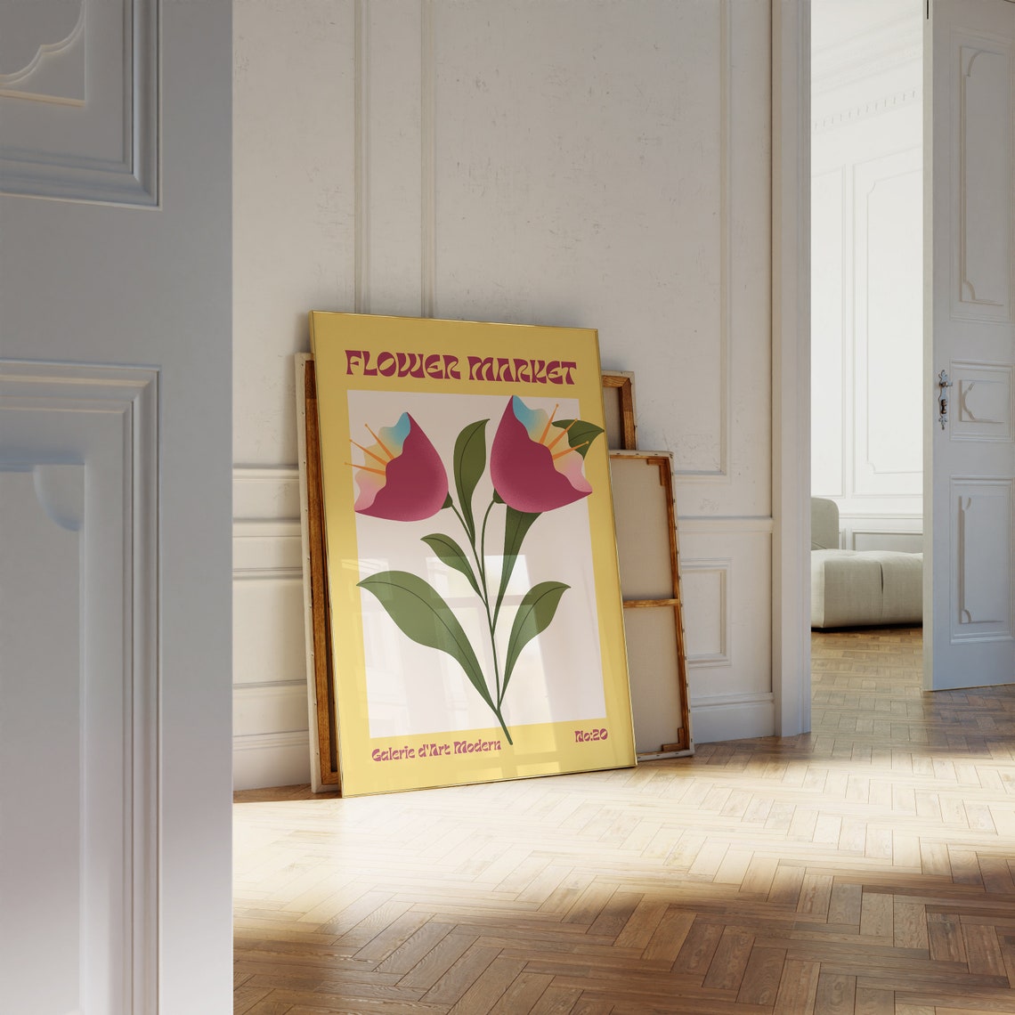 Flower Market No 20 Pink Trumpet Blooms On Yellow Art Poster - Image 2