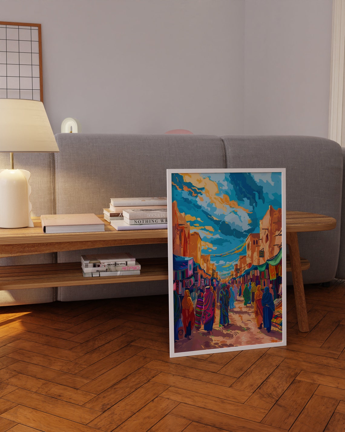 Colorful Street Bazaar with Adobe Buildings and Robed Figures Poster - Image 3