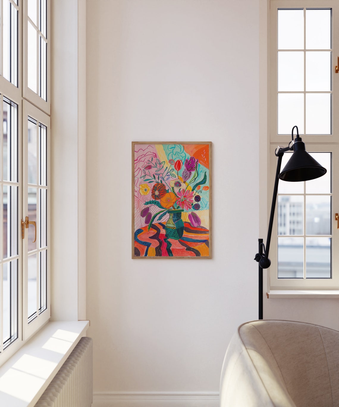 Colorful Flower Bouquet Green Vase Vibrant Modern Art Poster - Image 4