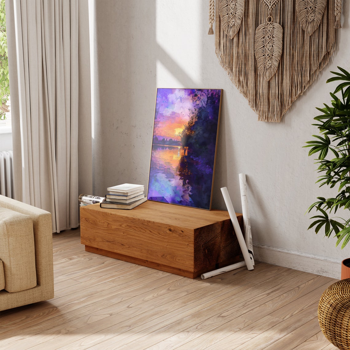 Watercolor Sunset Lake Figures Purple Orange Twilight Poster - Image 3