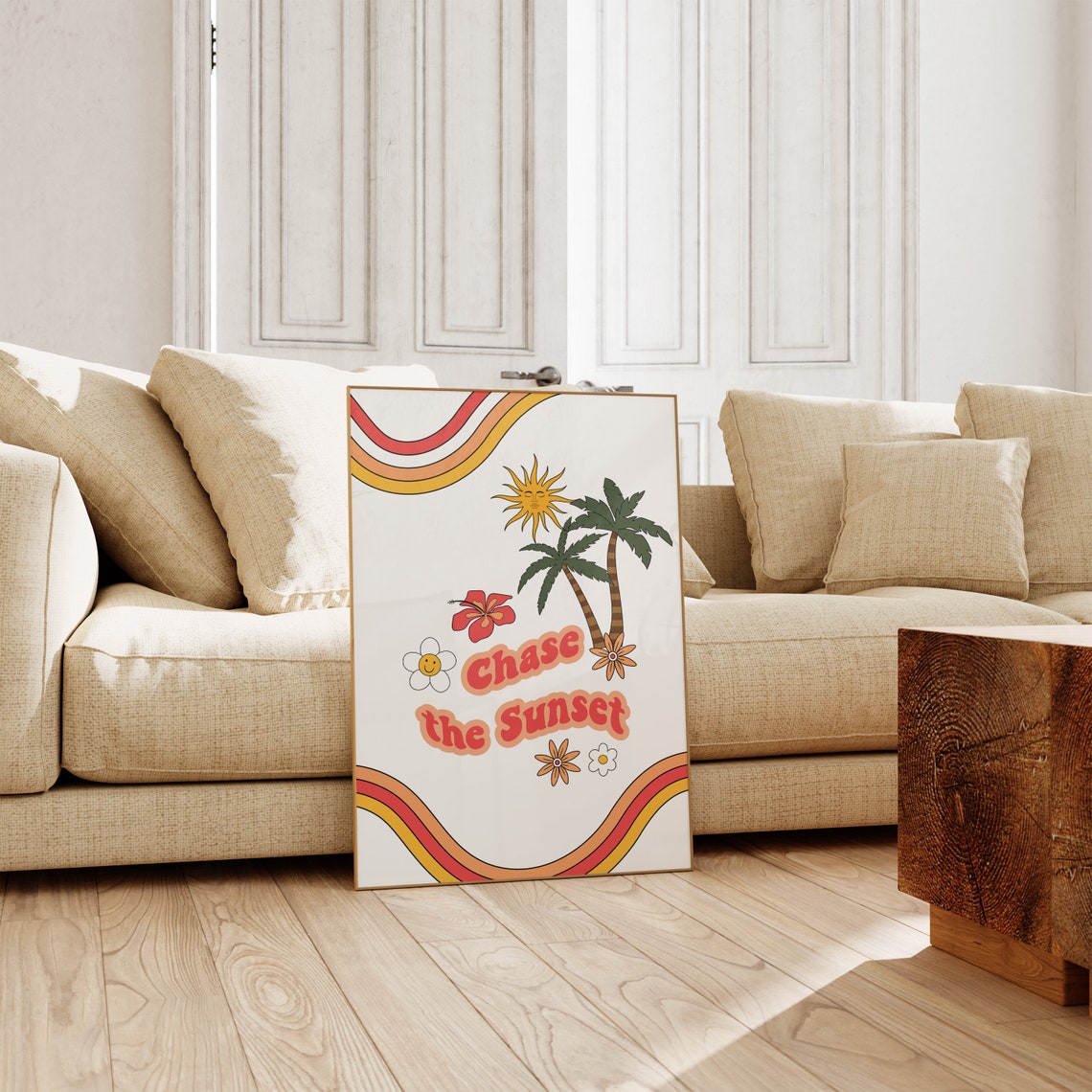 Chase the Sunset Retro Palm Tree Beach Sun Typography Poster - Image 2