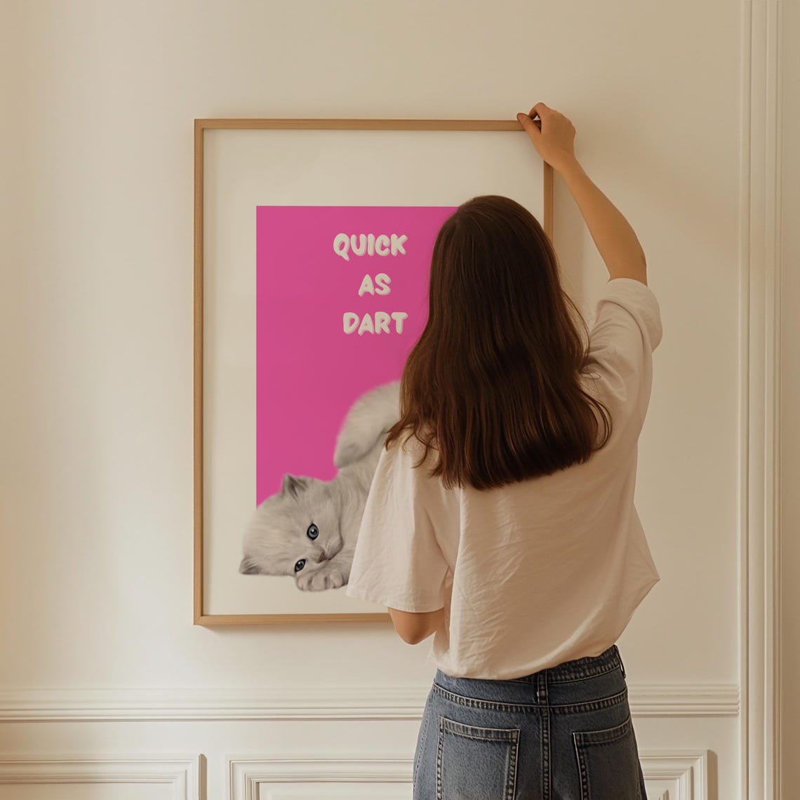 Quick as Dart Playful White Kitten on Bright Pink Background Poster - Image 3