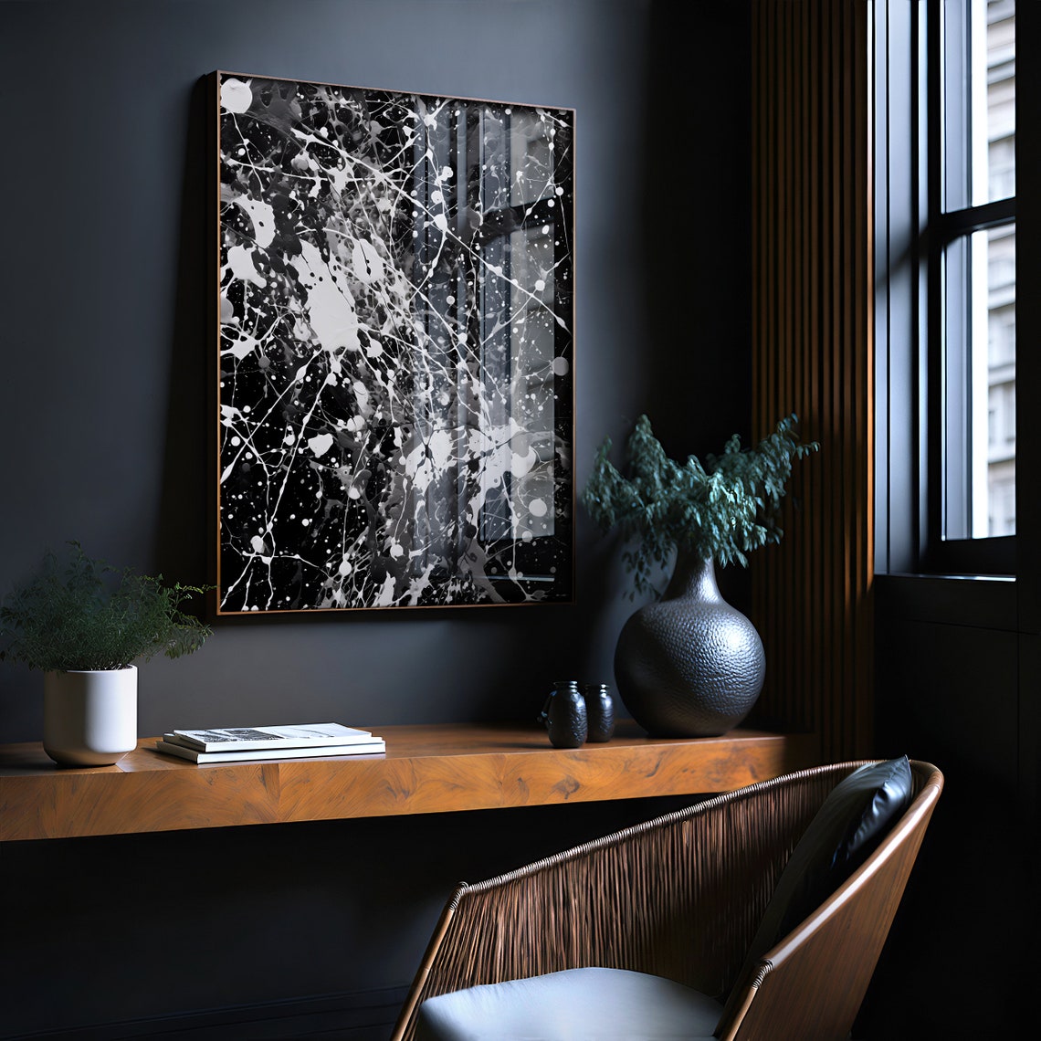 Jackson Pollock Style White Black Contrast Drip Splatter Art Poster - Image 2
