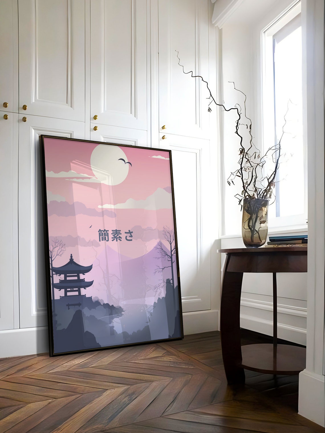 Japanese Pagoda Sunset Pink Sky Mountain Temple Silhouette Poster - Image 2