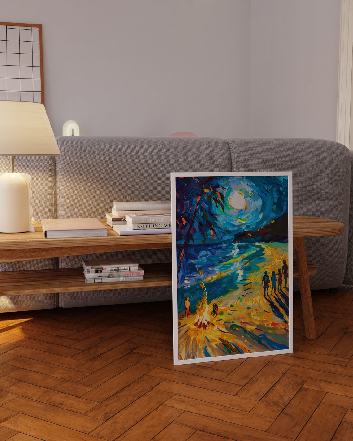 Moonlit Beach Night Scene with Figures and Starry Sky Art Poster - Image 4