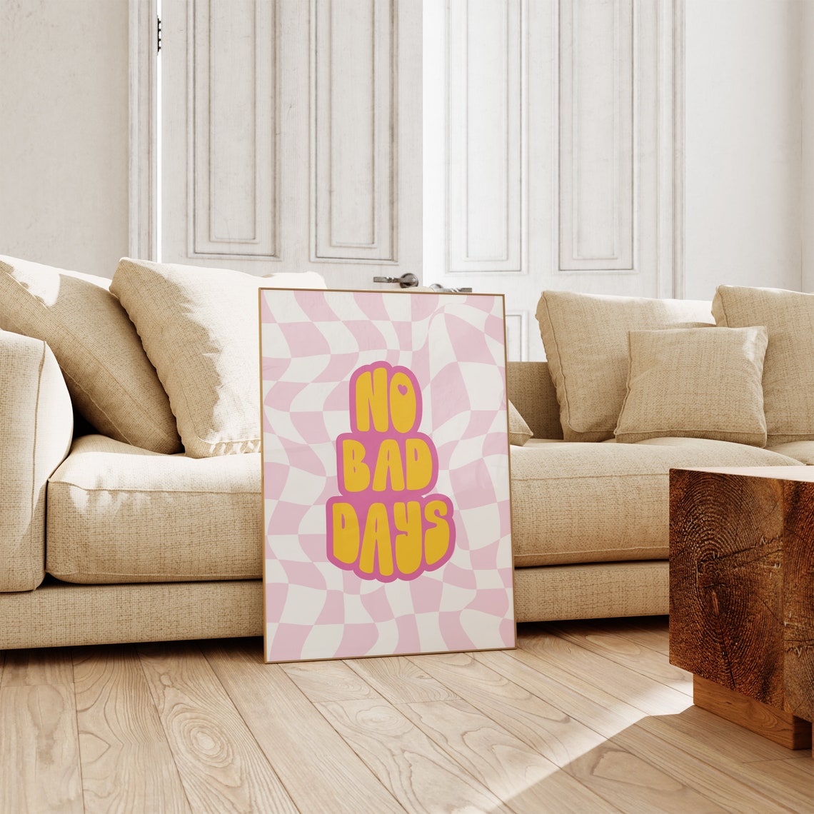No Bad Days Groovy Yellow Text Pink Wavy Checkerboard Poster - Image 2