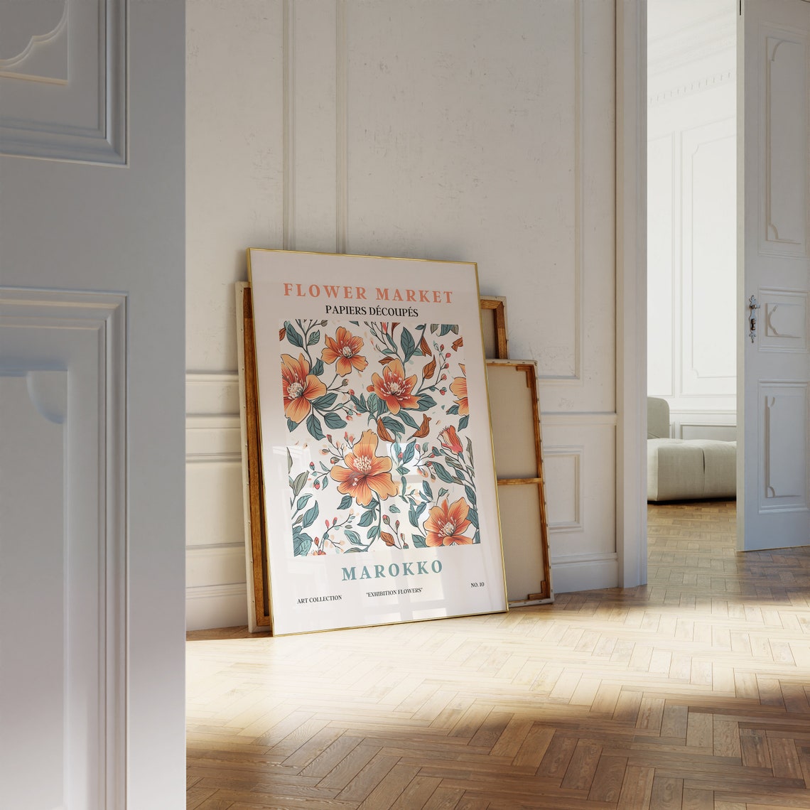 Flower Market Marokko Burnt Orange Blooms Teal Leaves Pattern Poster - Image 2