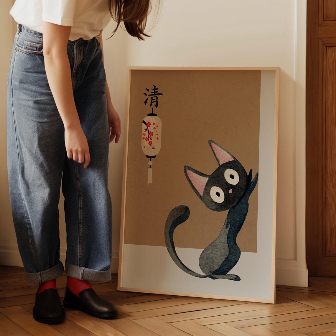 Cute Black Cat Japanese Paper Lantern Cherry Blossom Gift Poster - Image 5