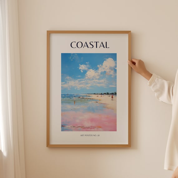 Coastal Blue Sky Beachgoers Soft Wet Sand Glow Art Poster No. 18