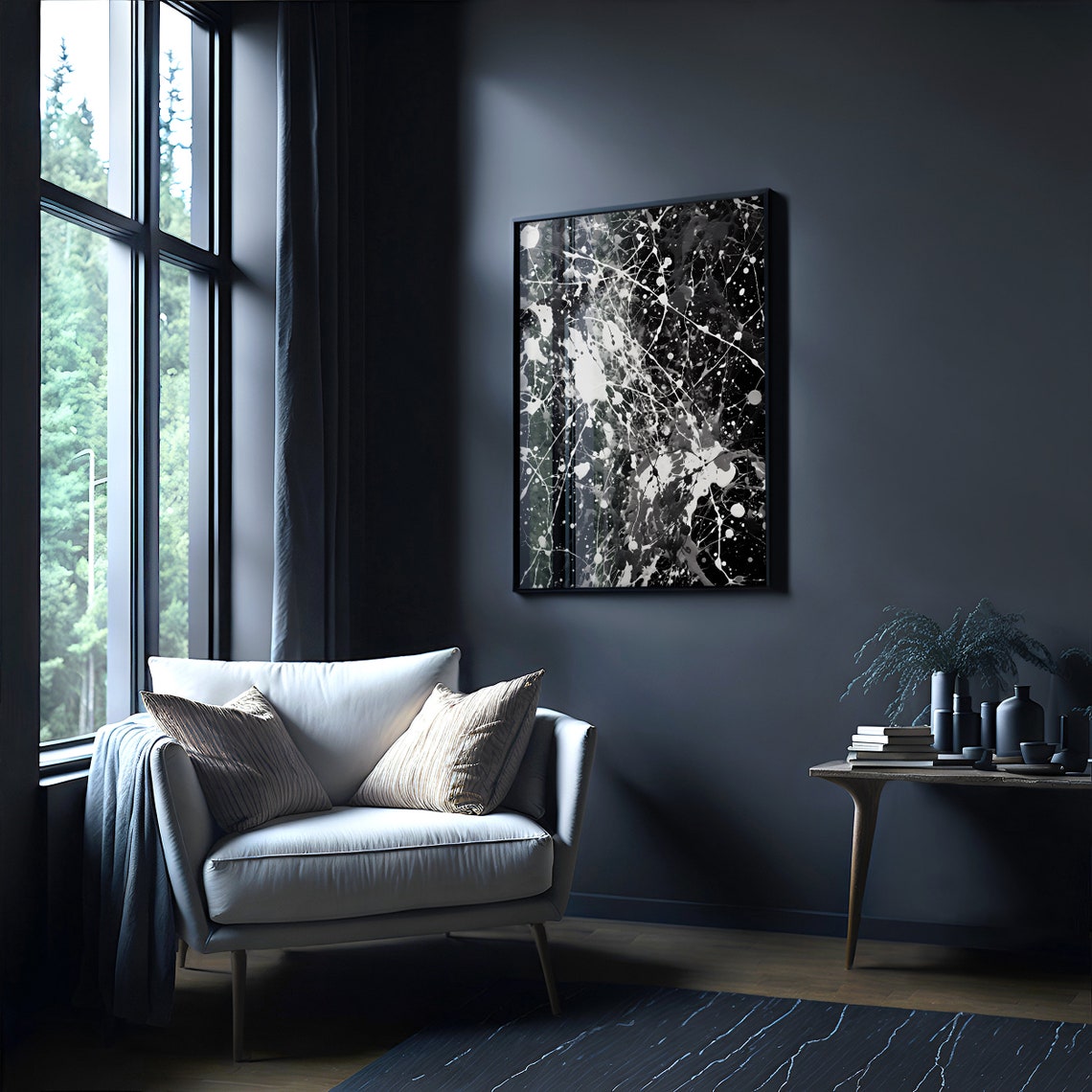 Jackson Pollock Style White Black Contrast Drip Splatter Art Poster - Image 4