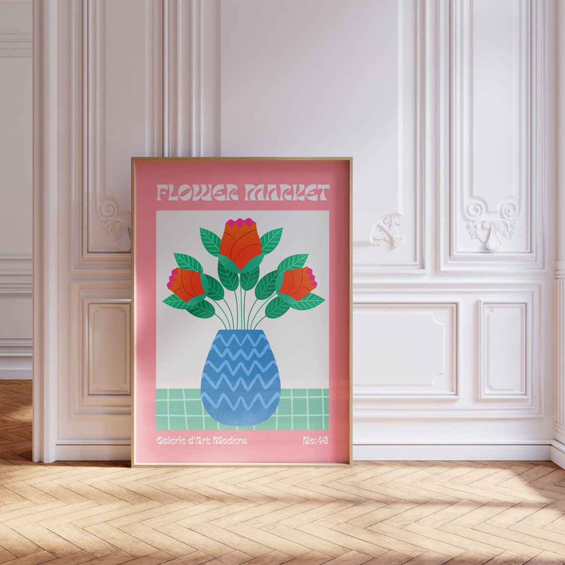 Flower Market No 46 Orange Red Tulip Buds Blue Vase Art Poster - Image 5